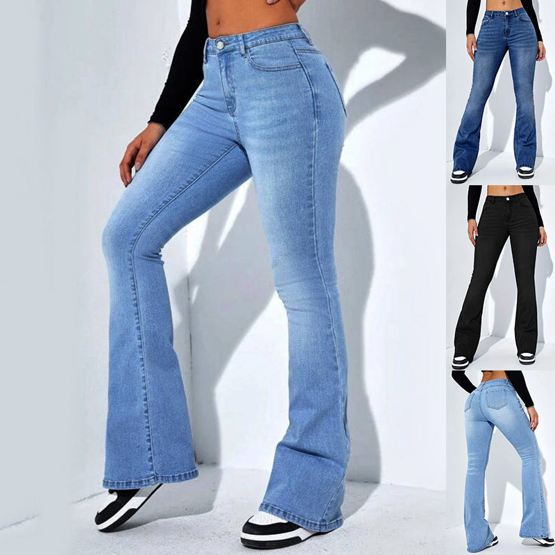 Jean slim taille haute évasé pour femme.